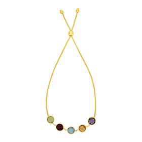 Adjustable Bracelet with Multicolored Large Round Gemstones in 14k Yellow Gold - 9.25 inches